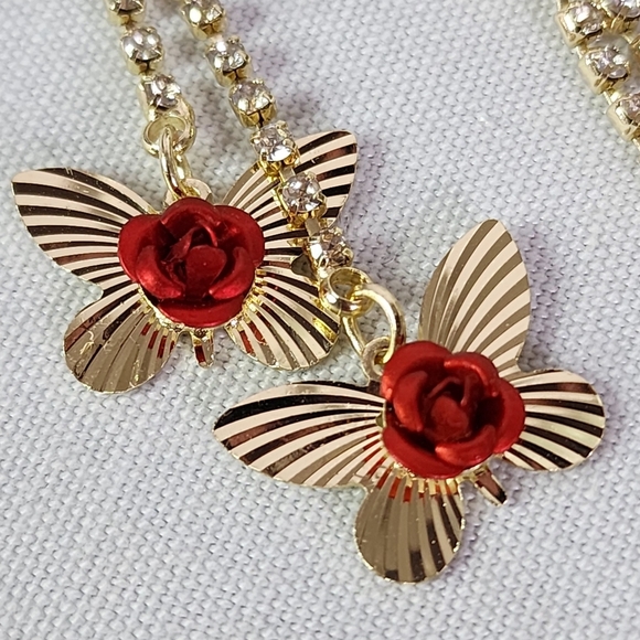 Gold Dangle Earrings with Butterfly and Red Rose Flower - Picture 5 of 11